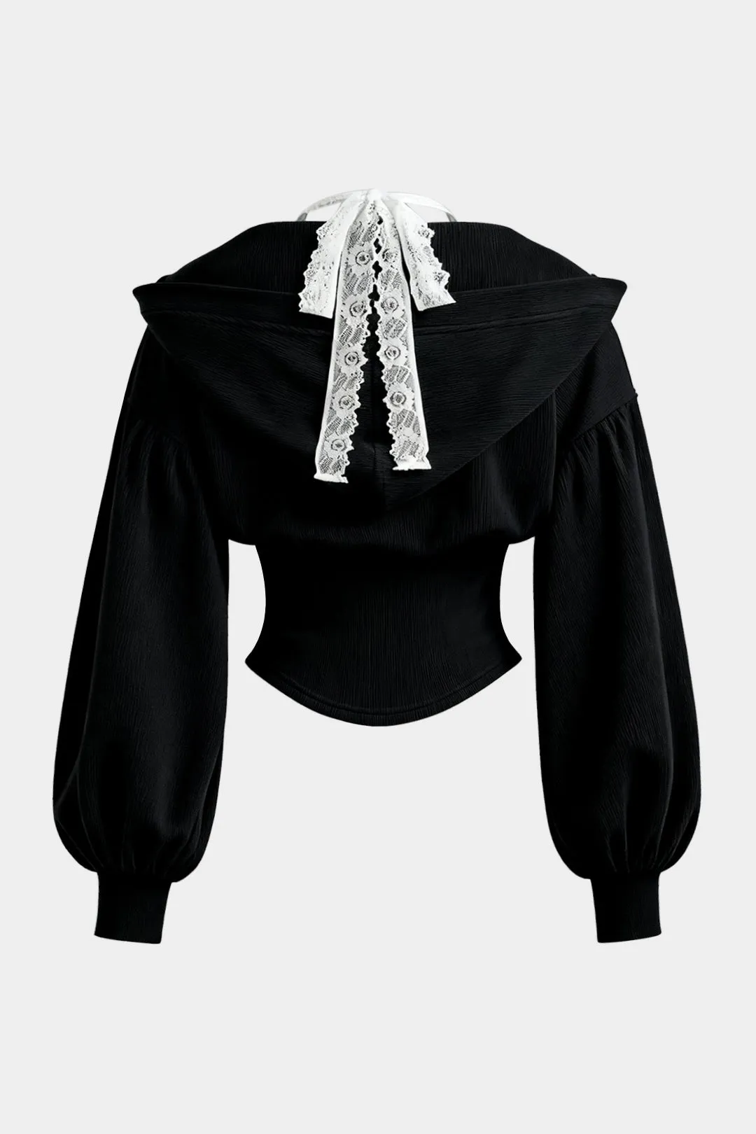 Lace Trim Tie-Back Patchwork V-Neck Zipper Hoodie sold by Micas product image thumbnail 2