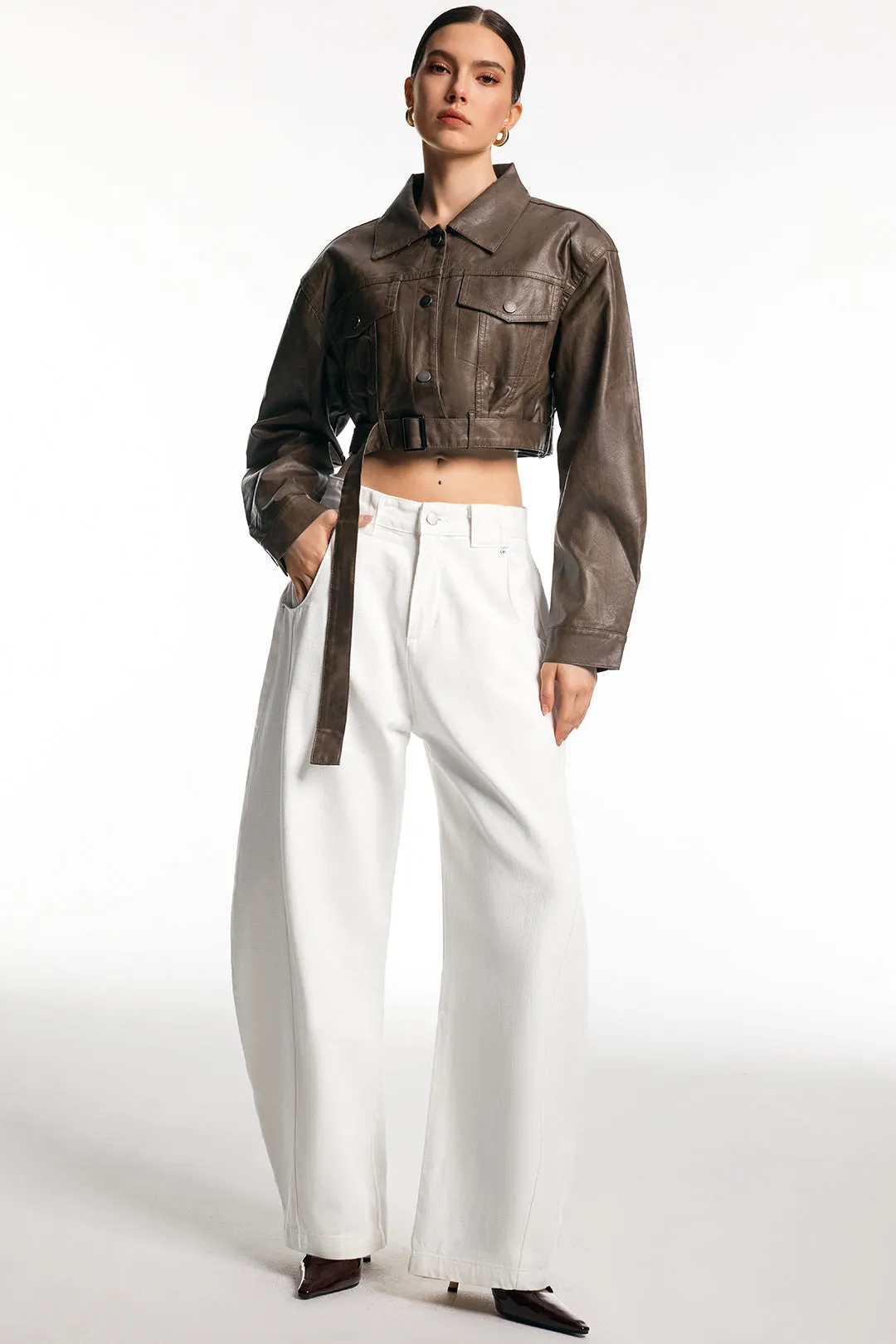 Faux Leather Belted Button Pocket Jacket sold by Micas product image thumbnail 2