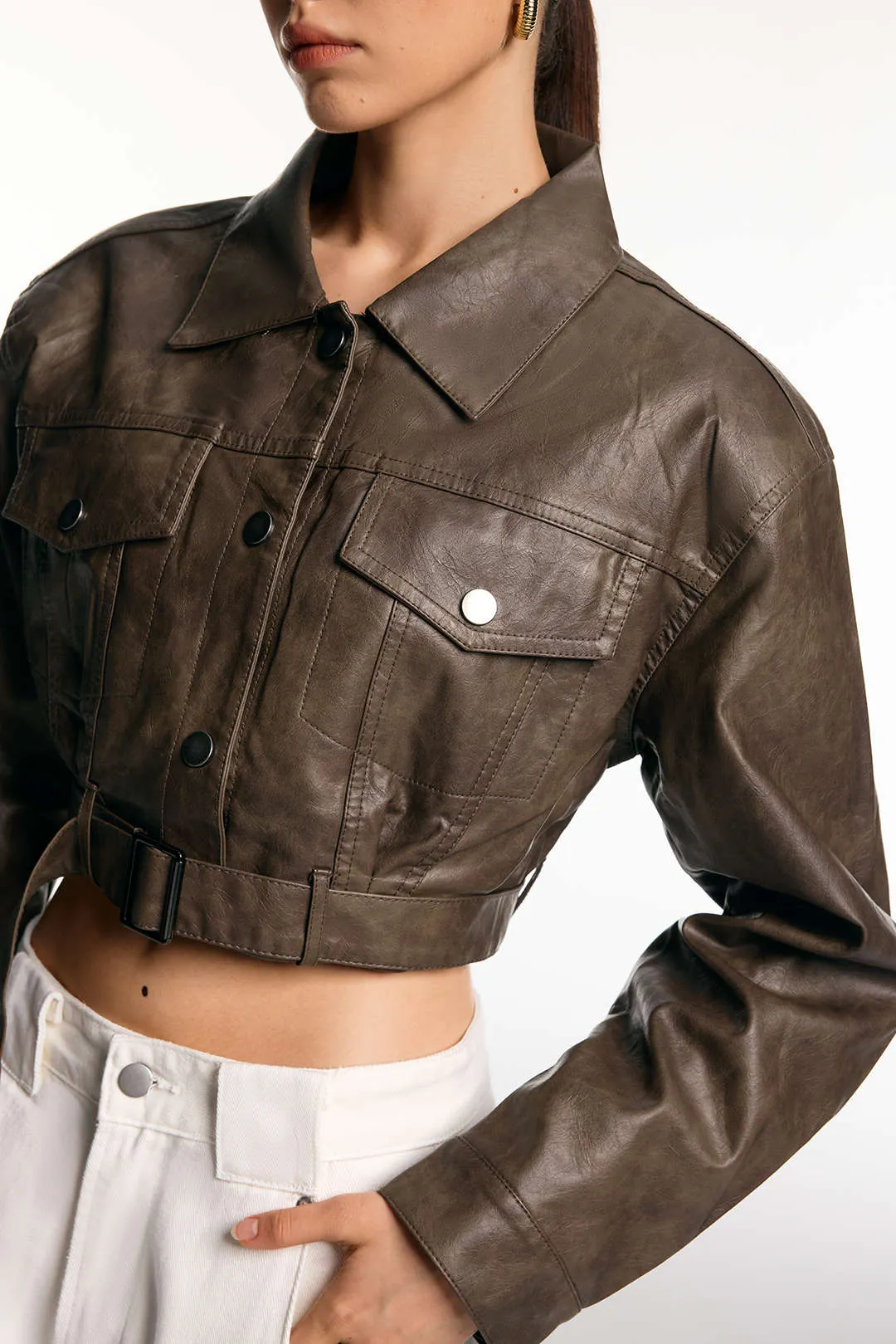 Faux Leather Belted Button Pocket Jacket sold by Micas product image thumbnail 3