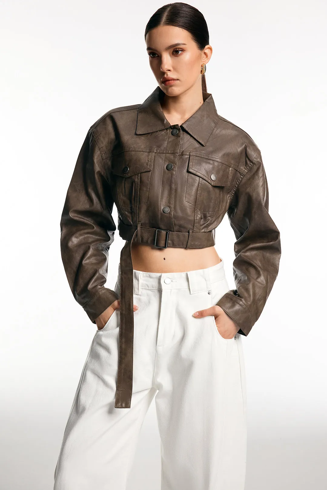 Faux Leather Belted Button Pocket Jacket sold by Micas