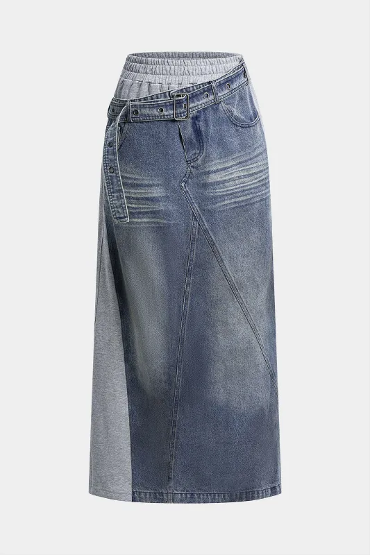 Denim Patchwork Belted Skirt made by Micas