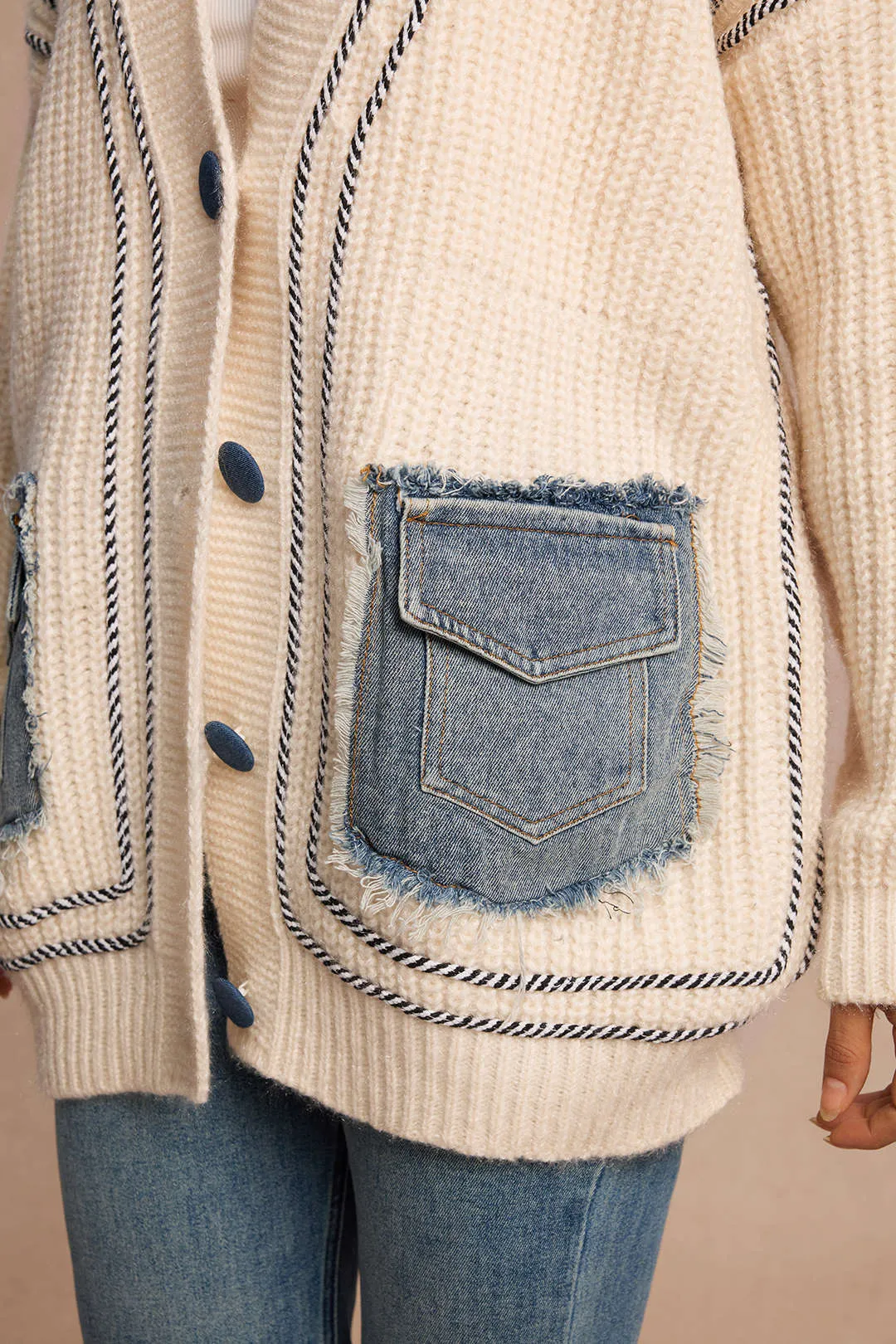 V-Neck Patchwork Denim Frayed Sweater Cardigan sold by Micas product image thumbnail 4