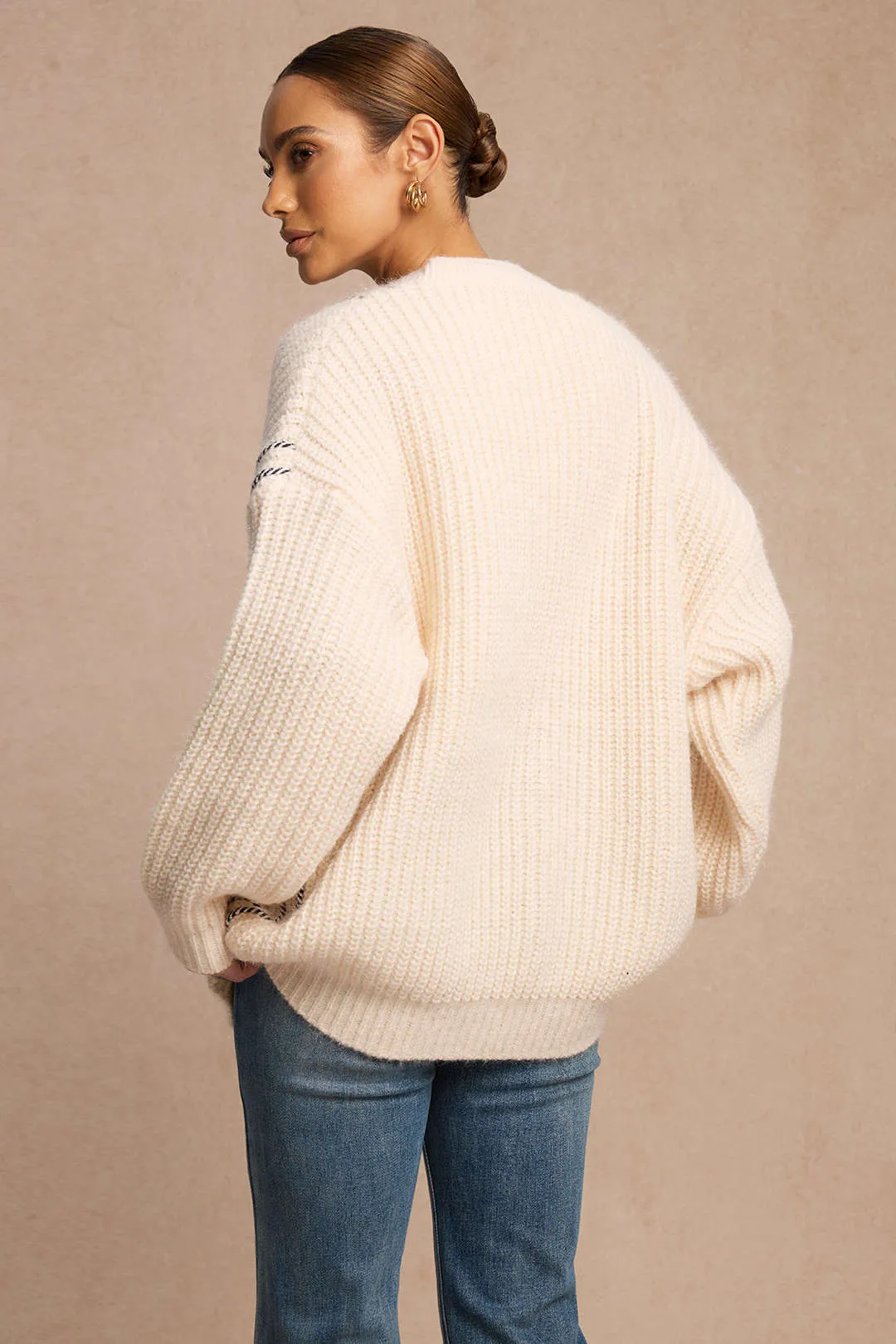 V-Neck Patchwork Denim Frayed Sweater Cardigan sold by Micas product image thumbnail 3