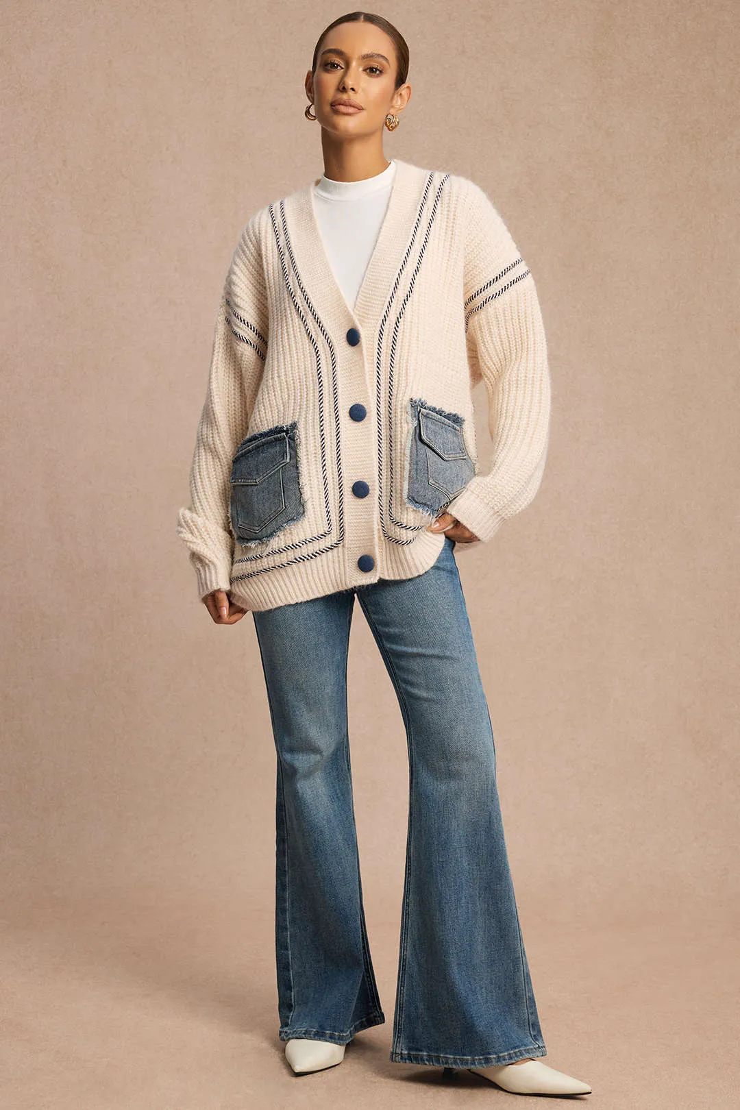 V-Neck Patchwork Denim Frayed Sweater Cardigan sold by Micas product image thumbnail 2