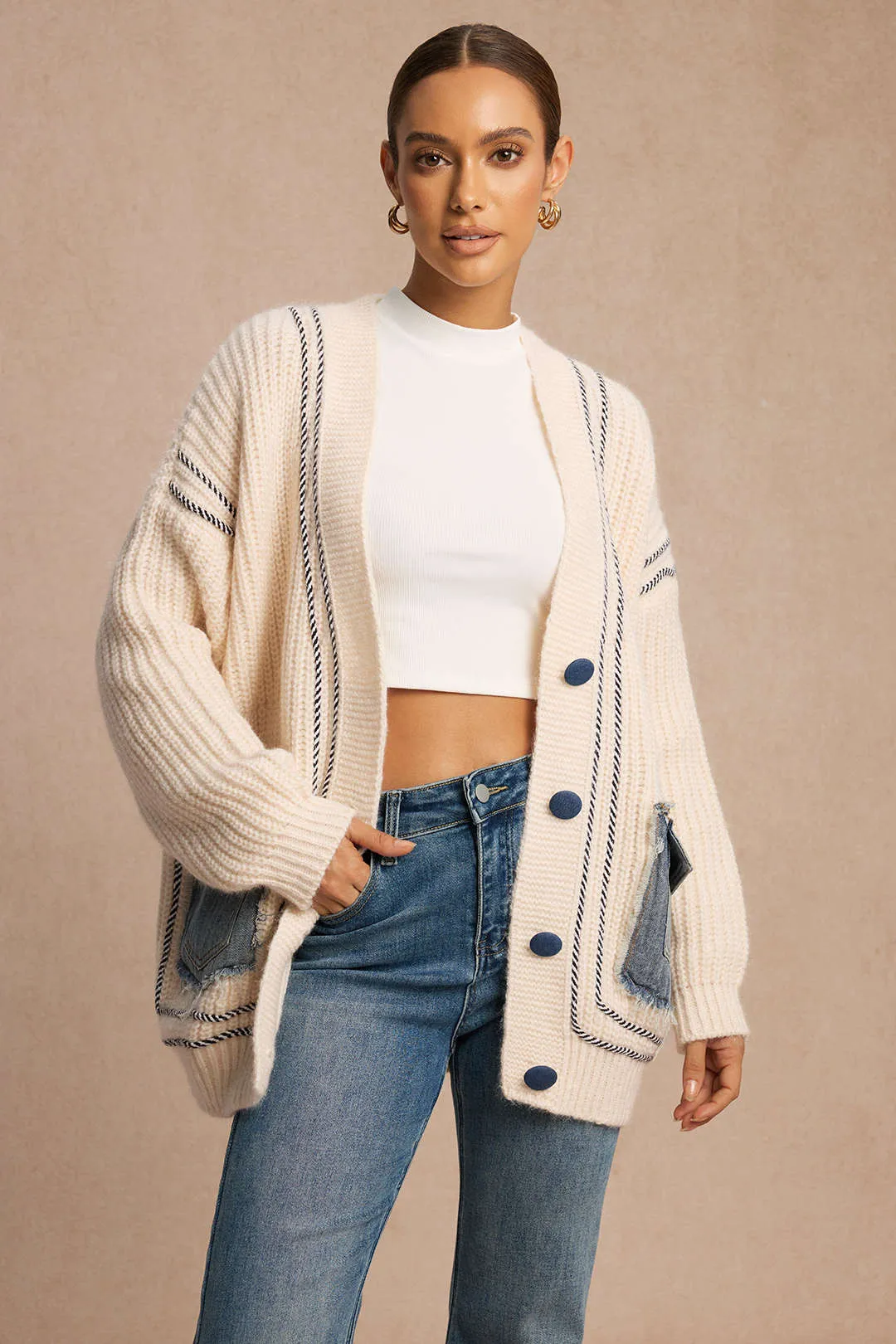 V-Neck Patchwork Denim Frayed Sweater Cardigan sold by Micas