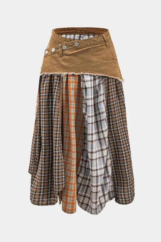 Plus Size Denim Plaid Print Patchwork Asymmetrical Skirt sold by Micas