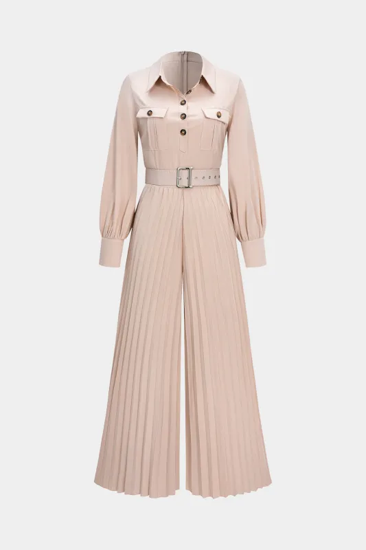 Pleated Belted Wide Leg Long Sleeve Jumpsuit sold by Micas