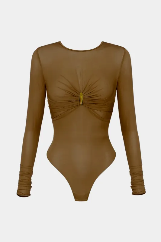Mesh Metallic Ruched Long Sleeve Bodysuit sold by Micas