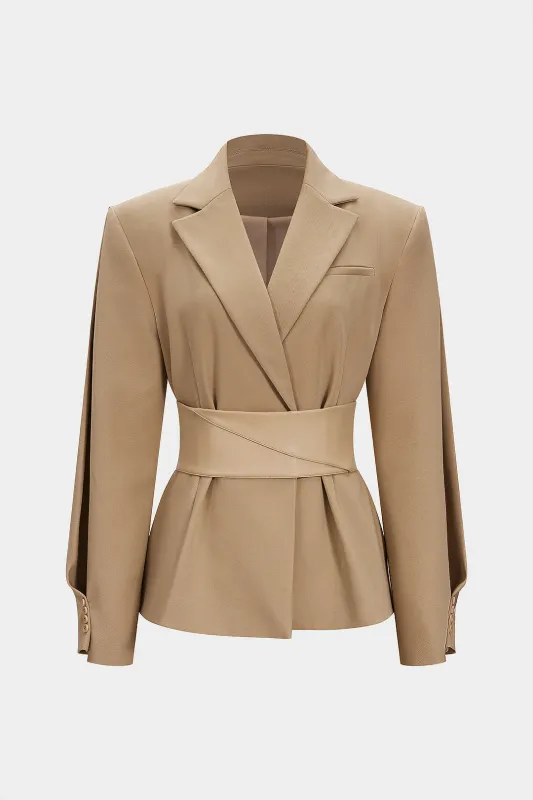 Belted Patchwork Notched Lapel Shoulder Pads Blazer sold by Micas