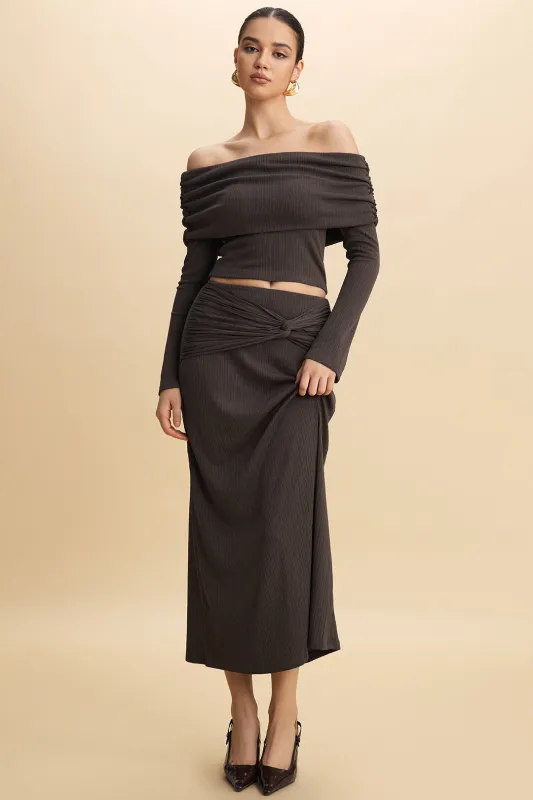 Off Shoulder Long-Sleeve Top And Twist Knot Skirt Set sold by Micas