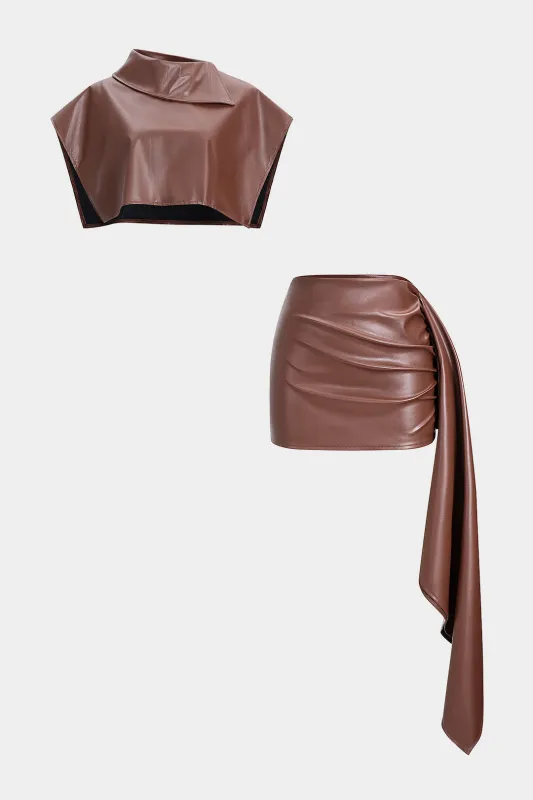 Faux Leather Crop Top And Ruched Low Waist Skirt Set sold by Micas