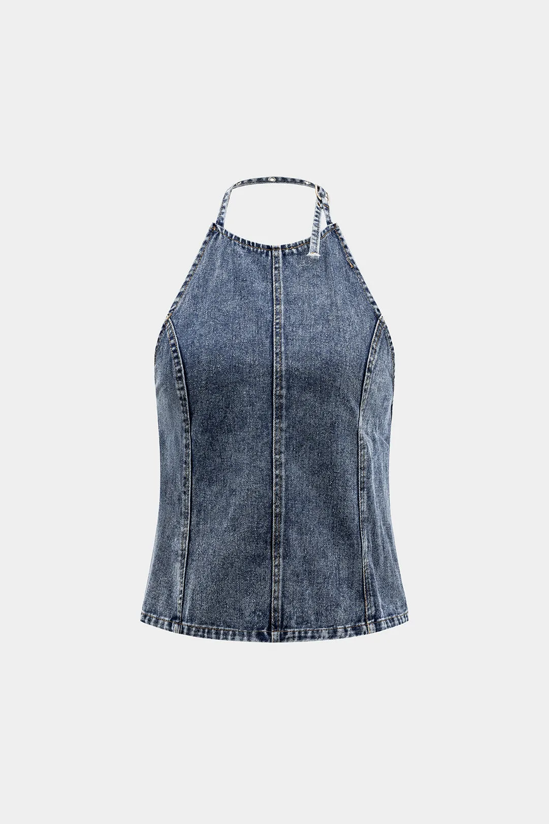 Denim Halter Neck Backless Tie-Up Crop Top sold by Micas