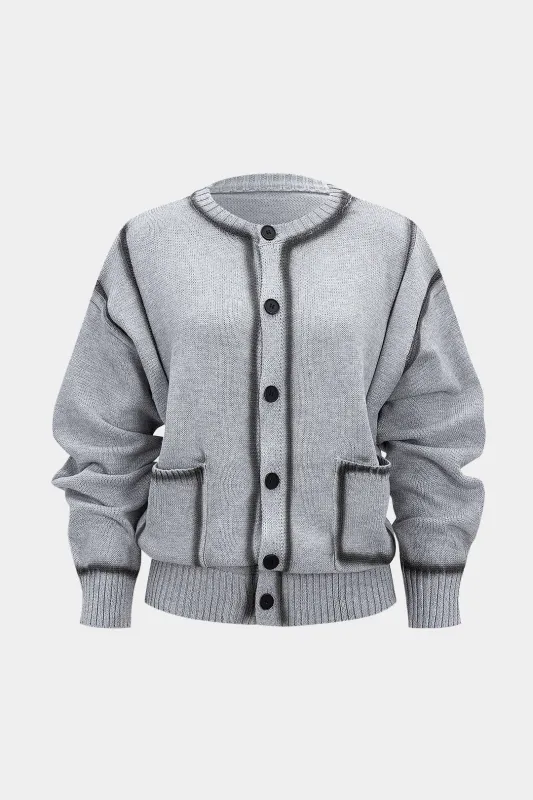 Knit Contrast Binding Round Neck Button Cardigan sold by Micas