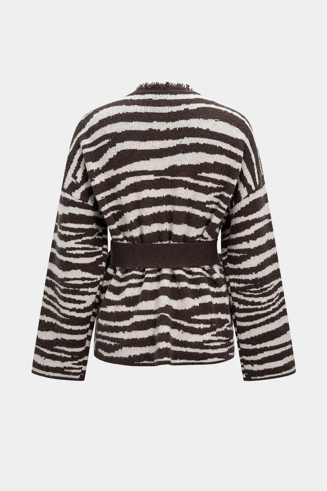 Knit Zebra Stripe Print Tie-Up Fringe Pocket Frayed Cardigan sold by Micas product image thumbnail 2