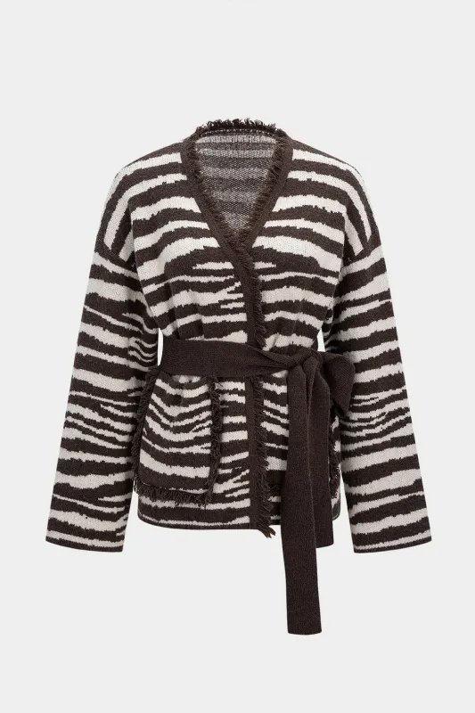 Knit Zebra Stripe Print Tie-Up Fringe Pocket Frayed Cardigan sold by Micas