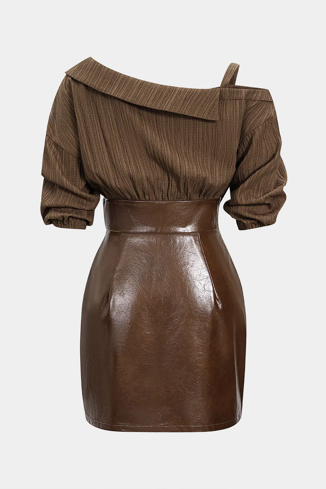 Faux Leather Patchwork Asymmetrical Short Sleeve Mini Dress sold by Micas product image thumbnail 2