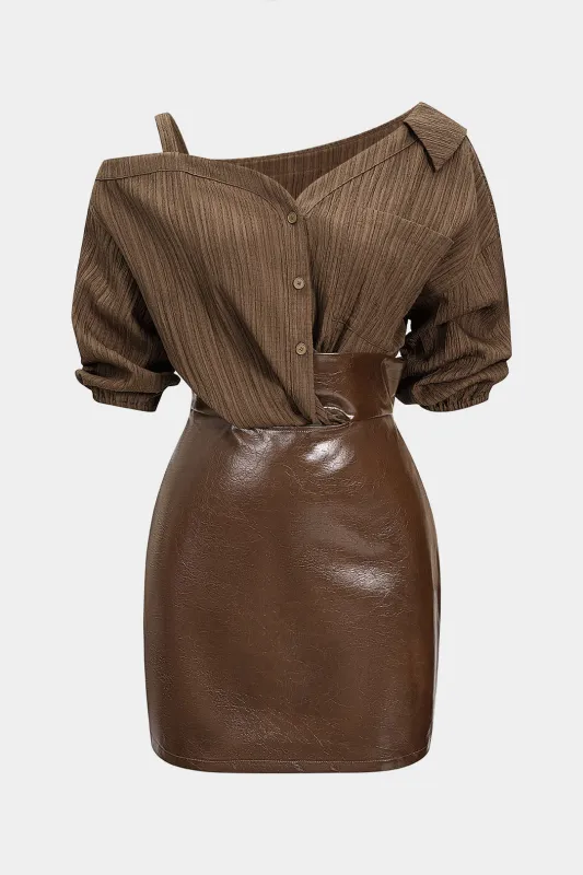 Faux Leather Patchwork Asymmetrical Short Sleeve Mini Dress sold by Micas