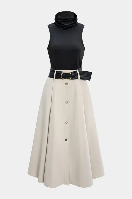Mock Neck Patchwork Belted Sleeveless Midi Dress sold by Micas
