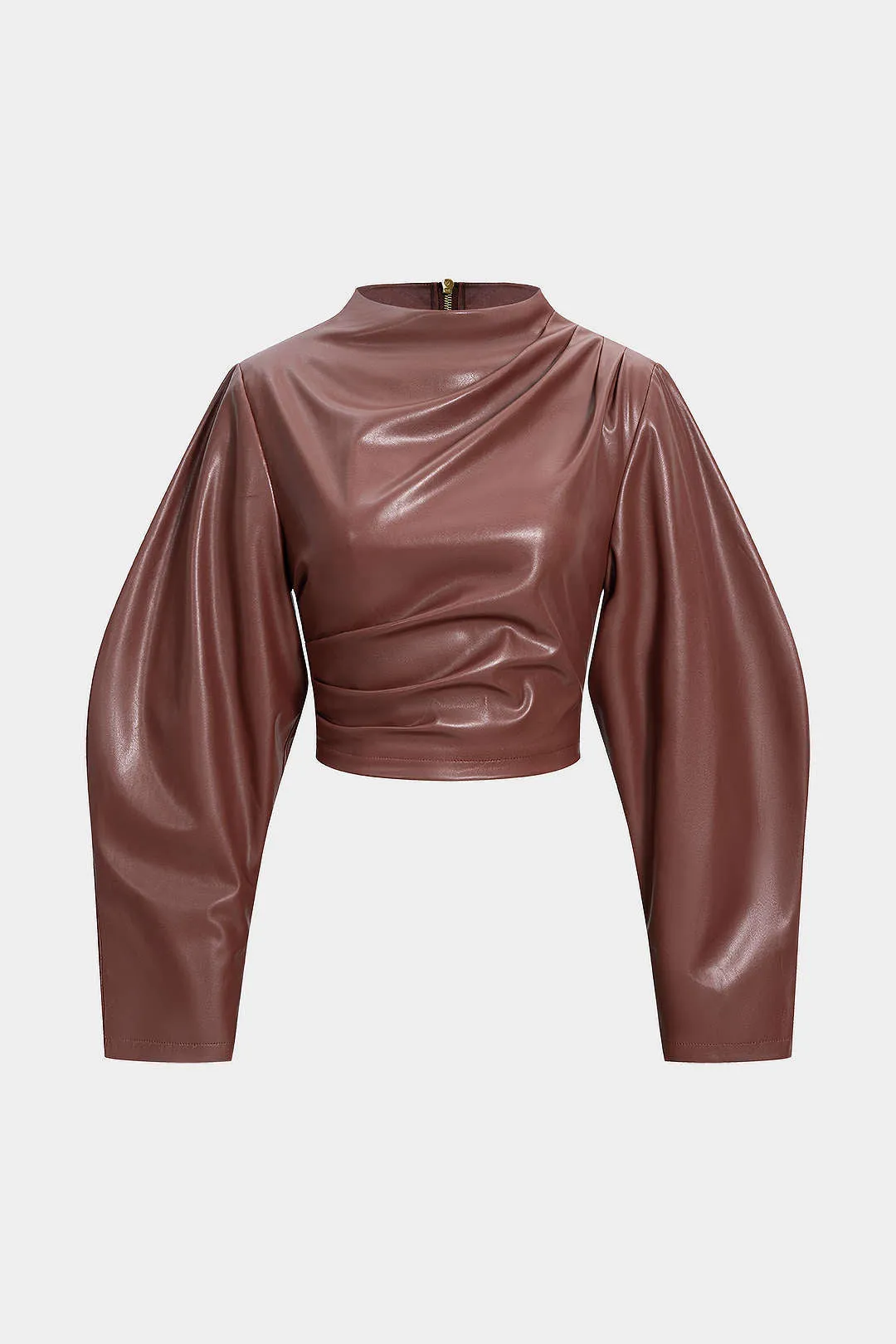 Faux Leather Ruched Zipper Long-Sleeve Shirt sold by Micas