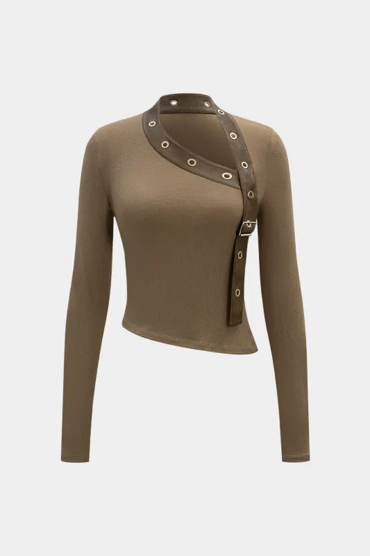 Faux Leather Metallic Asymmetrical Long-Sleeve Top sold by Micas