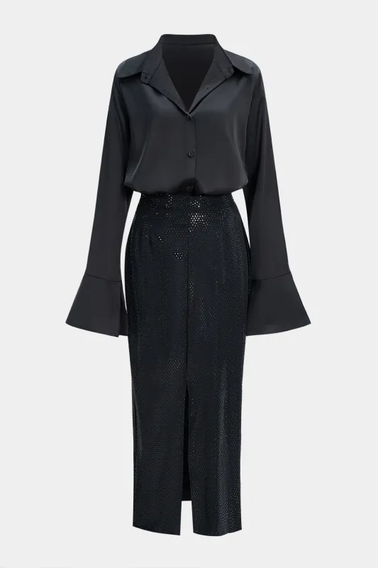 Satin Button Belll Long Sleeve And High Waist Skirt Set sold by Micas