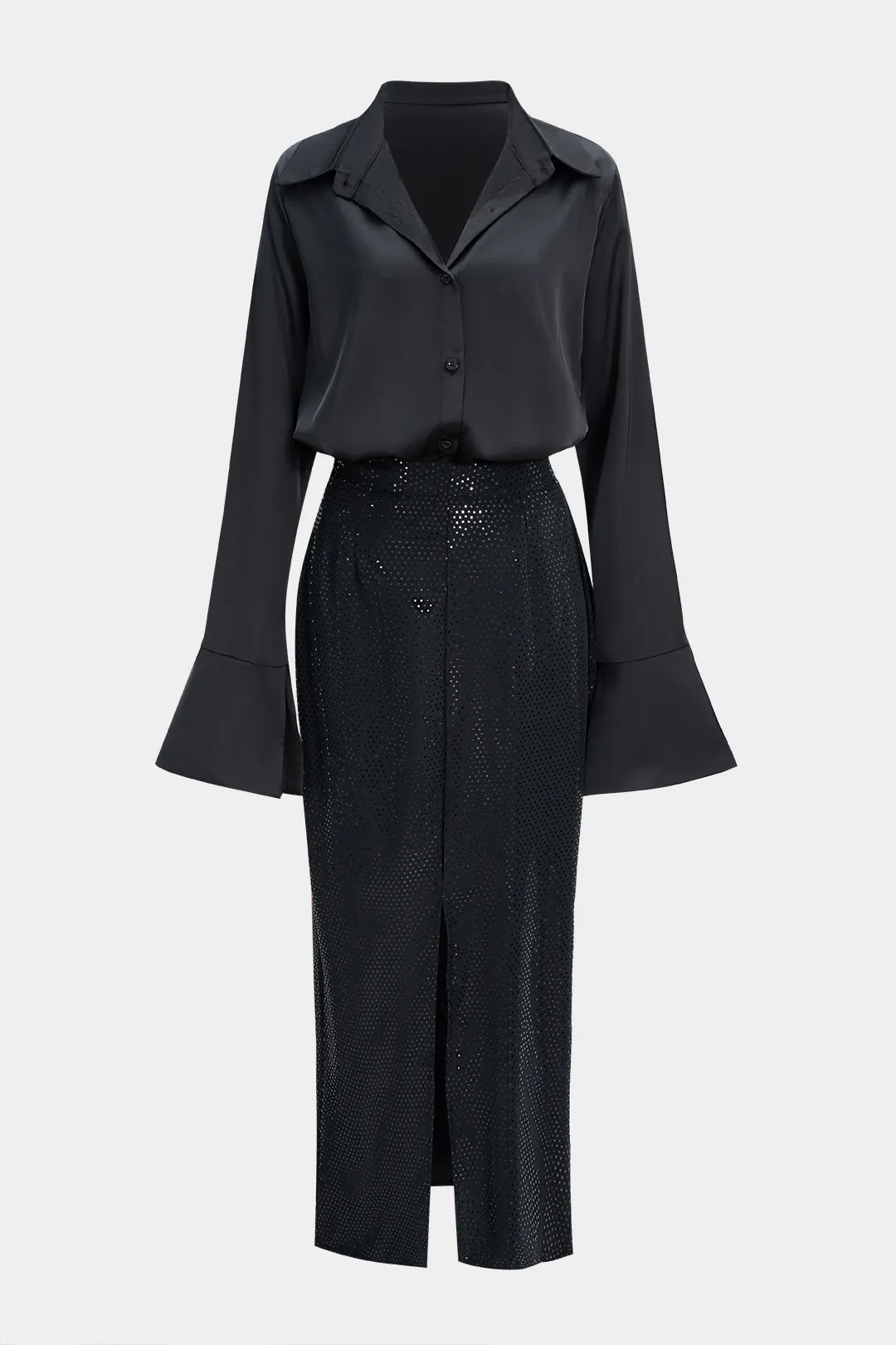 Satin Button Belll Long Sleeve And High Waist Skirt Set sold by Micas