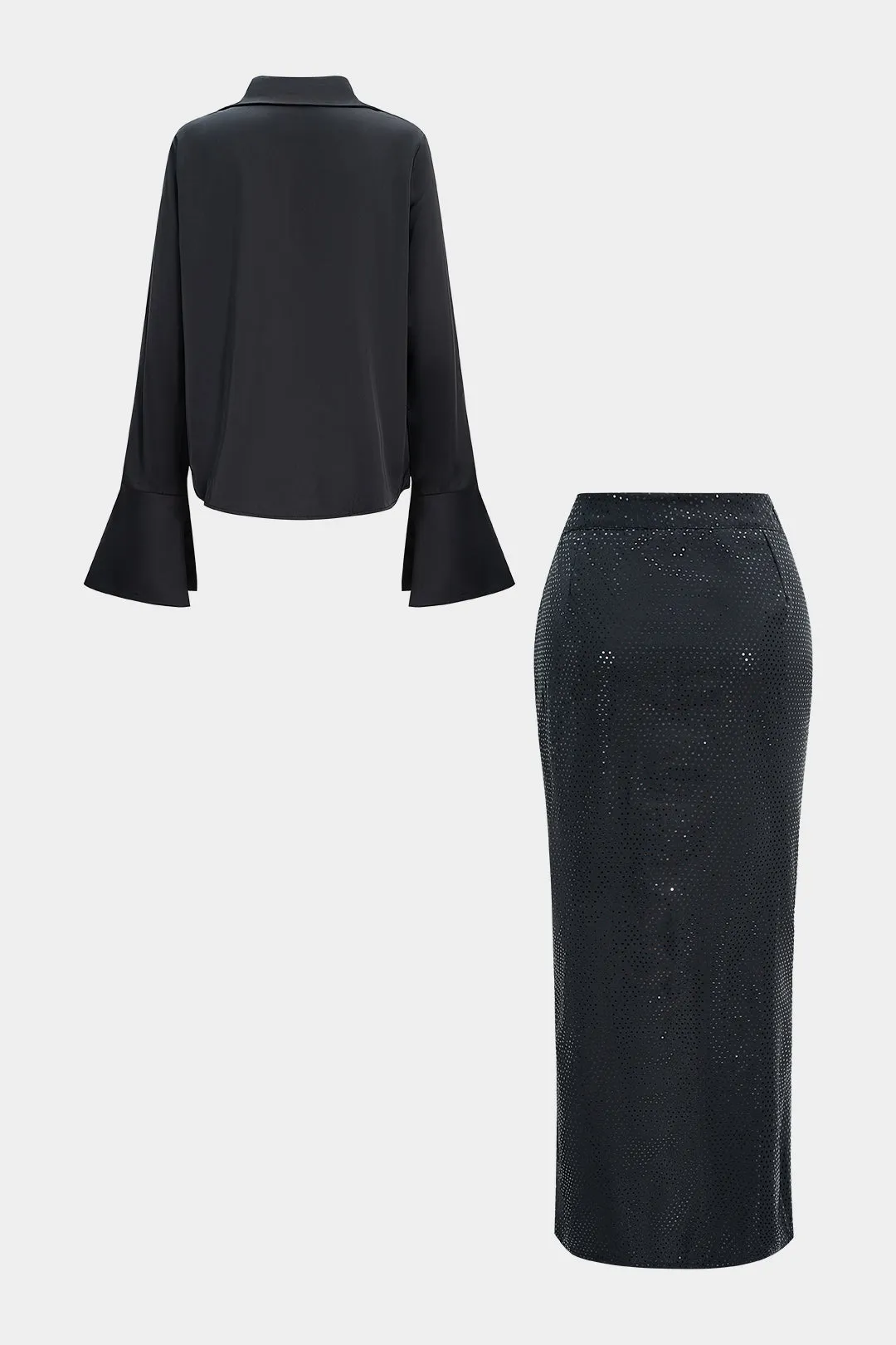 Satin Button Belll Long Sleeve And High Waist Skirt Set sold by Micas product image thumbnail 3