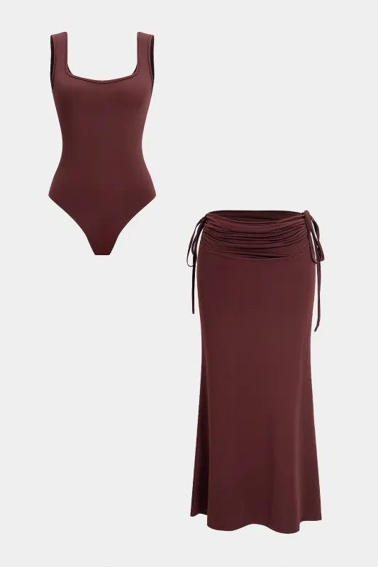 Basic Sleeveless Bodysuit And Drawstring Strappy Side Split Skirt Set sold by Micas