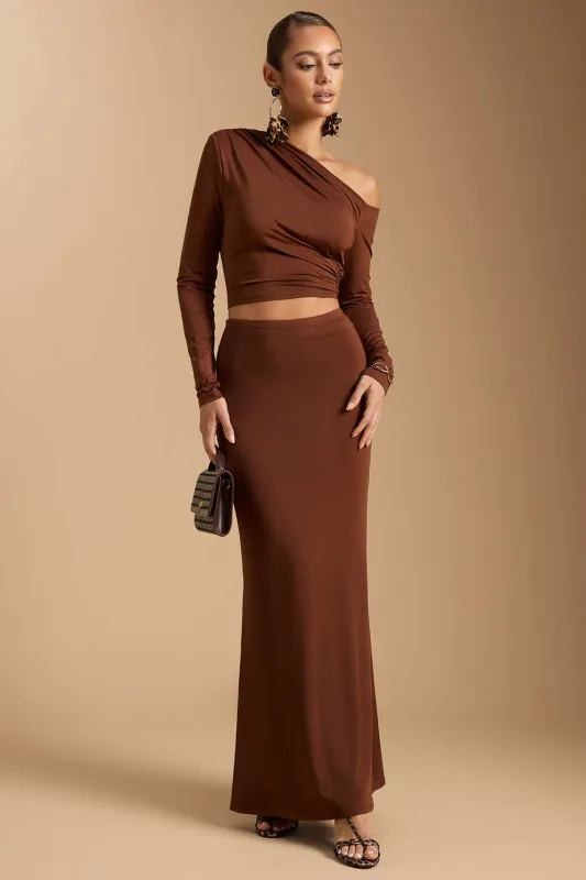 Asymmetrical Ruched Long-Sleeve Top And High Waist Skirt Set sold by Micas