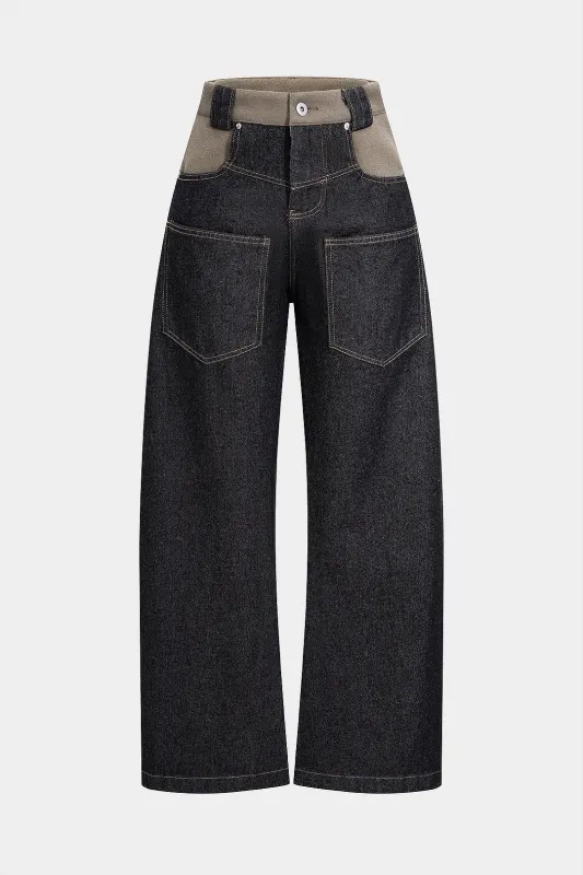 Denim Patchwork Pocket Straight Leg Jeans sold by Micas