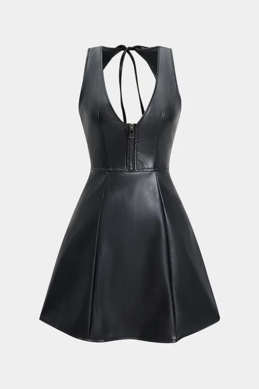 Faux Leather Tie-Back Backless Zipper Sleeveless Mini Dress sold by Micas