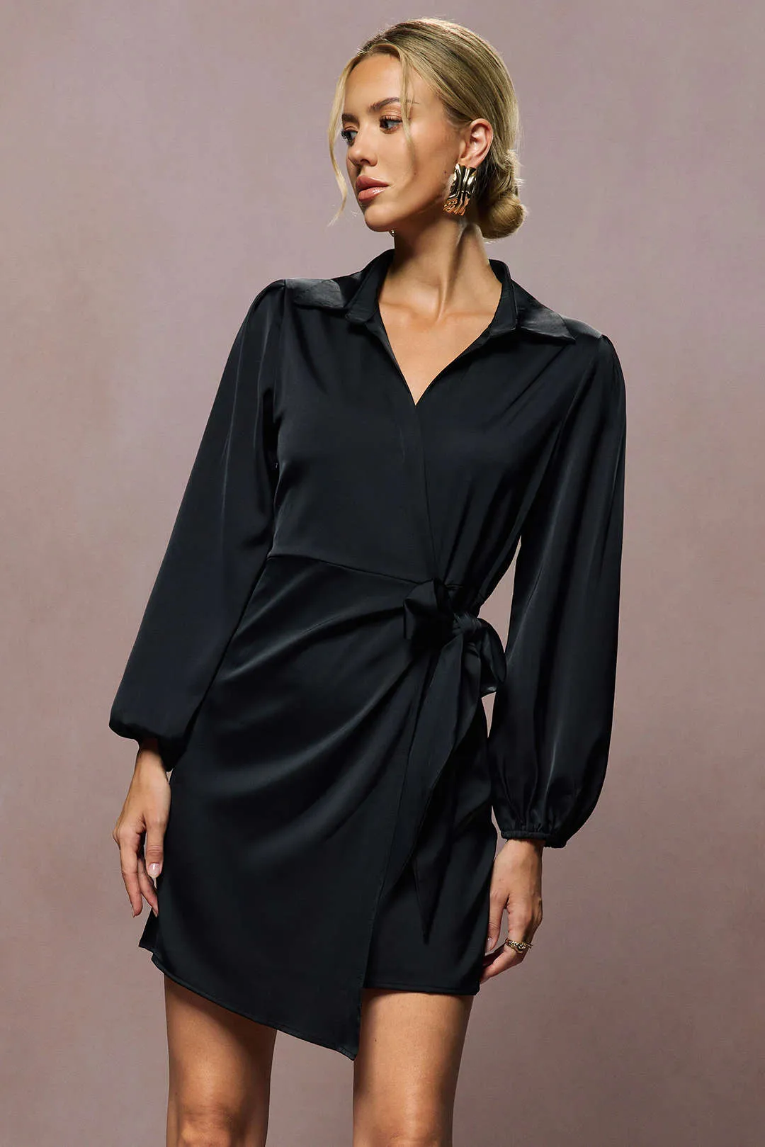 Satin Tie Front V-Neck Long Sleeve Mini Dress sold by Micas product image thumbnail 2