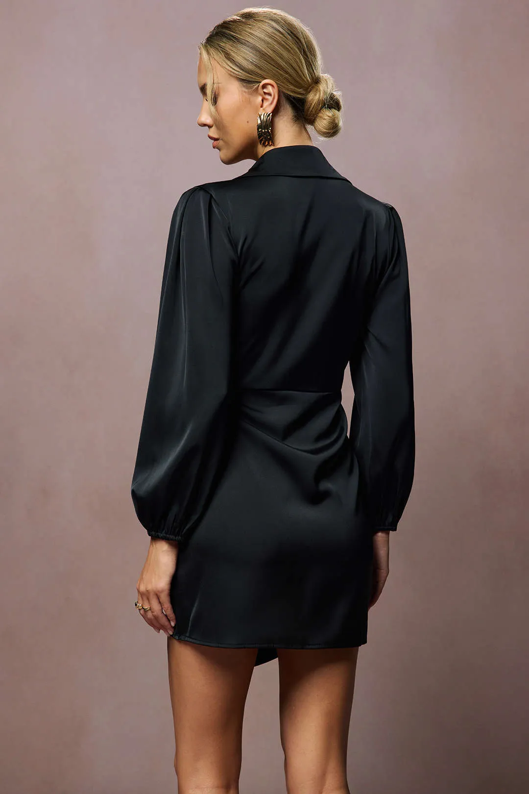 Satin Tie Front V-Neck Long Sleeve Mini Dress sold by Micas product image thumbnail 3