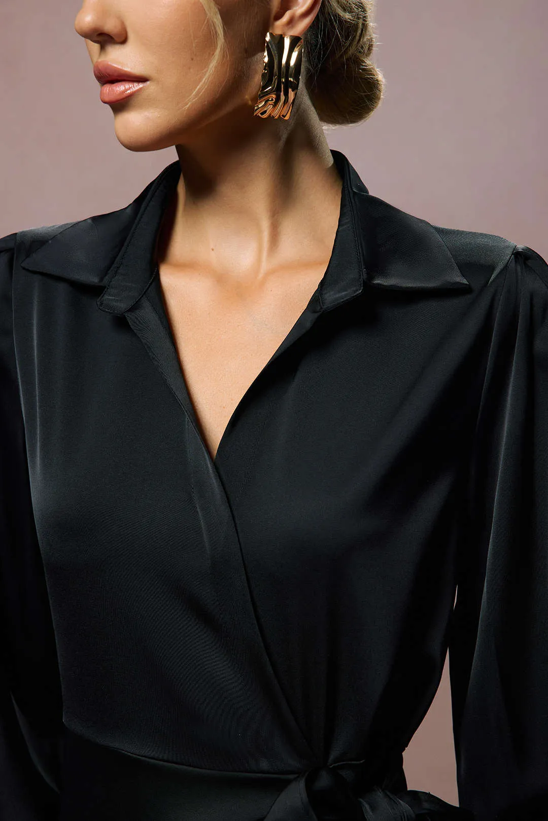 Satin Tie Front V-Neck Long Sleeve Mini Dress sold by Micas product image thumbnail 4