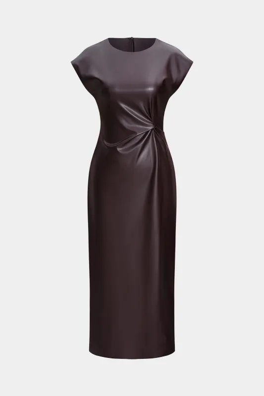 Faux Leather Round Neck Twist Knot Short-Sleeve Midi Dress made by Micas