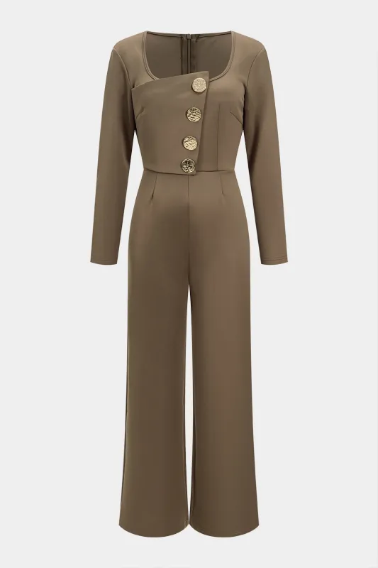Metallic Button Zipper Long Sleeve Jumpsuit sold by Micas