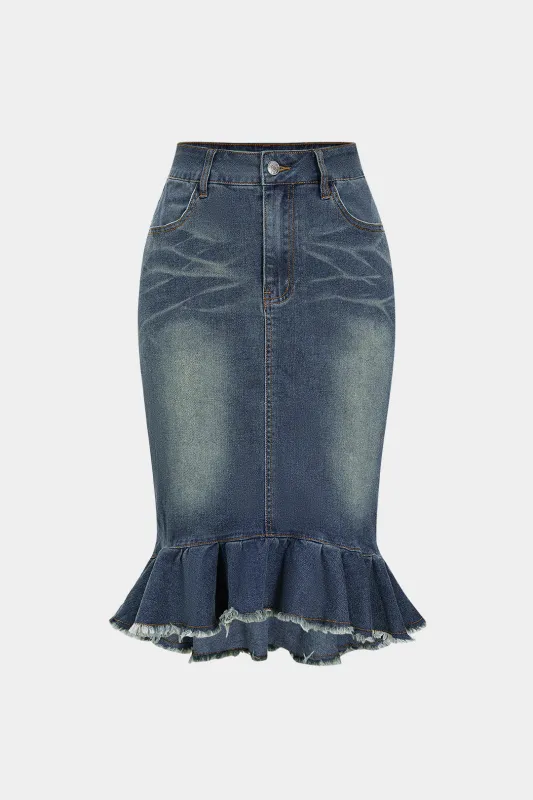 Denim Ruffle Frayed Mermaid High Waist Skirt sold by Micas