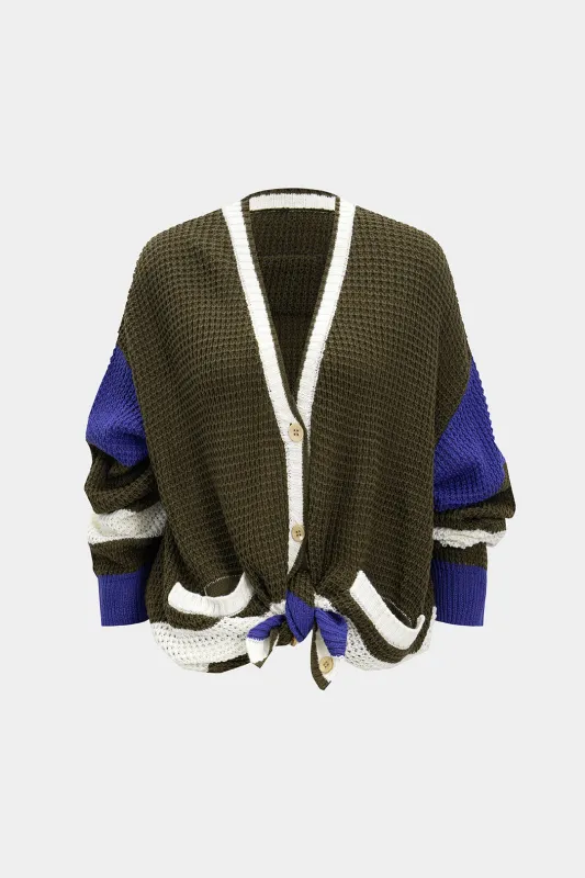 Color Block Stripes Contrast Knit Button Cardigan sold by Micas
