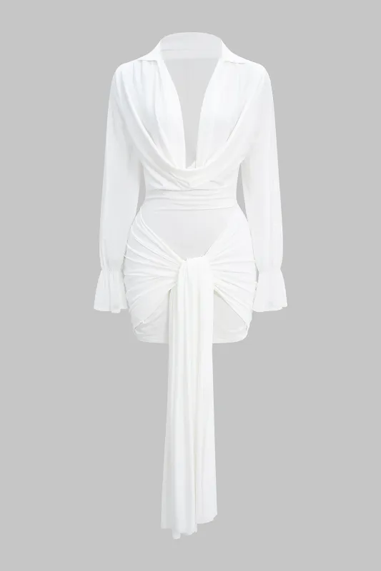 Draped Cowl Neck Knotted Long Sleeve Mini Dress sold by Micas