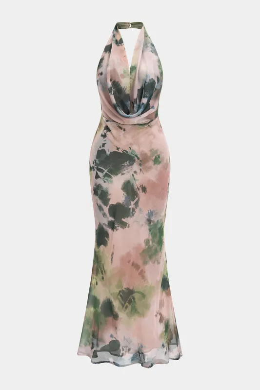 Tie Dye Retro Print Chiffon Halter Draped Cowl Neck Backless Sleeveless Maxi Dress sold by Micas