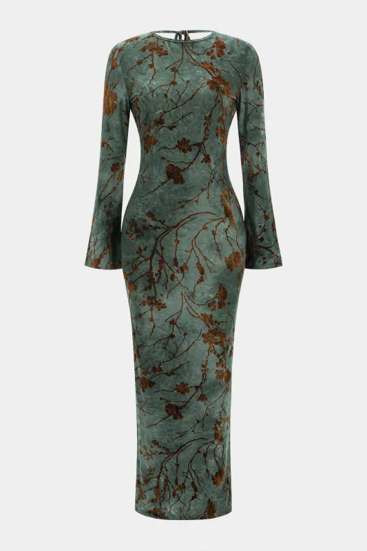 Ditsy Floral Branches Print Jacquard Backless Tie-Up Long Sleeve Maxi Dress sold by Micas
