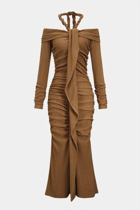 Ruched Twist Knot Off Shoulder Long Sleeve Maxi Dress sold by Micas