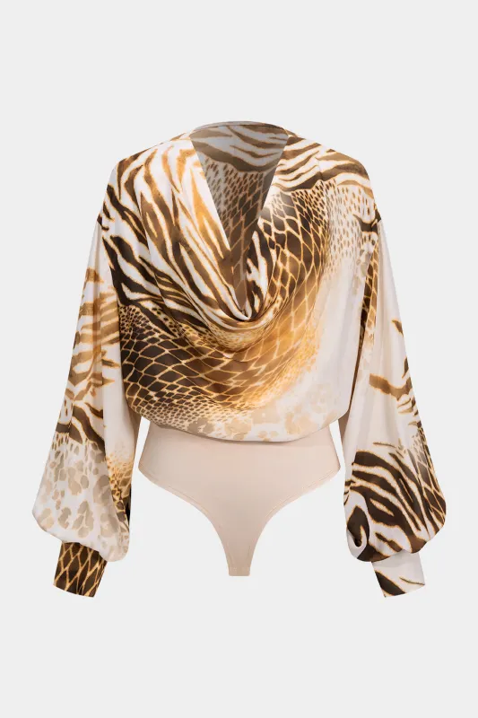 Abstract Print Chiffon Ruched Draped Cowl Neck Long Sleeve Bodysuit sold by Micas