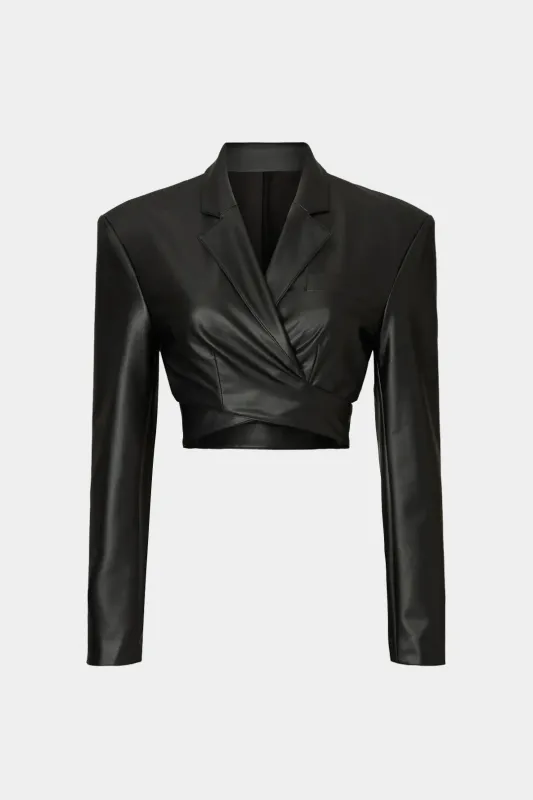 Faux Leather Crossed Ruched  Notched Lapel Jacket sold by Micas