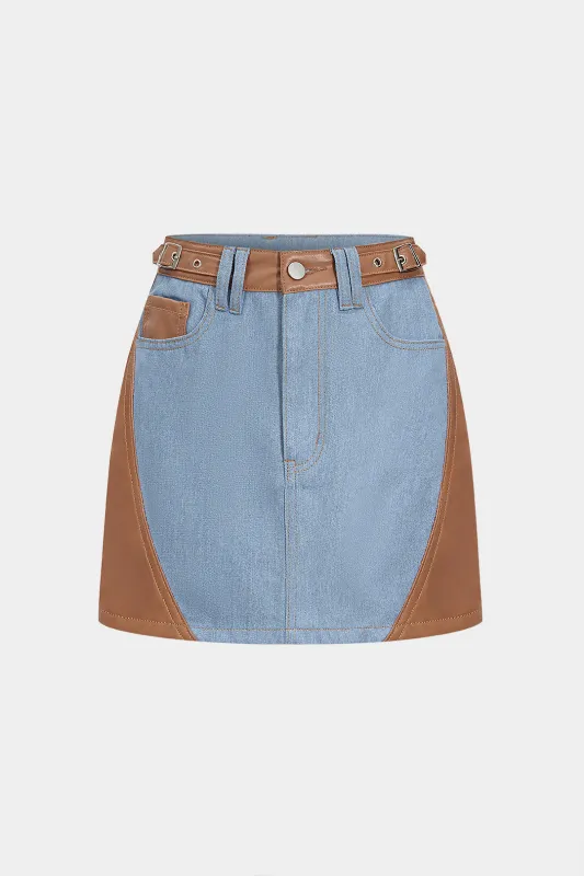 Faux Leather Patchwork Denim Skirt sold by Micas