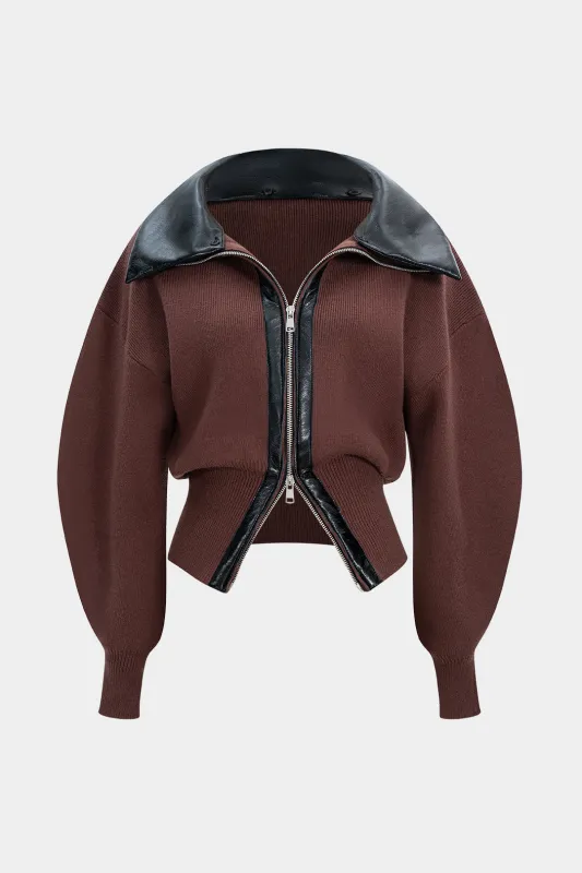 Knit Textured Patchwork Zipper Cardigan made by Micas