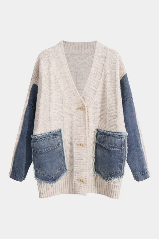 Knit Patchwork Button Pocket Cardigan sold by Micas