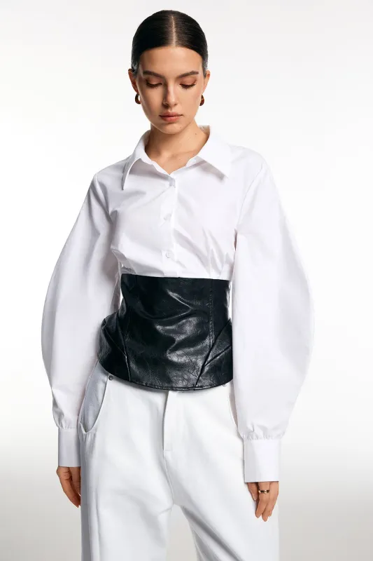 Faux Leather Patchwork Long-Sleeve Shirt sold by Micas