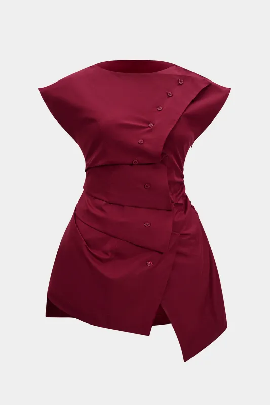 Plus Size Tie Back Asymmetrical Button Short-Sleeve Mini Dress sold by Micas