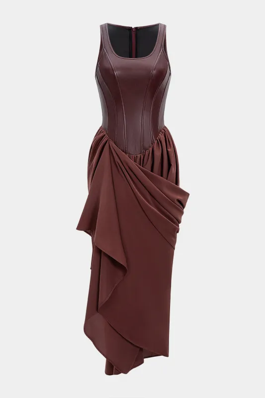 Faux Leather Patchwork Ruched Asymmetrical Sleeveless Maxi Dress sold by Micas